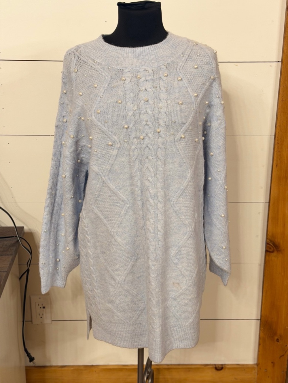 Francesca's Collections Light Blue Pearl Cable Knit Sweater Dress